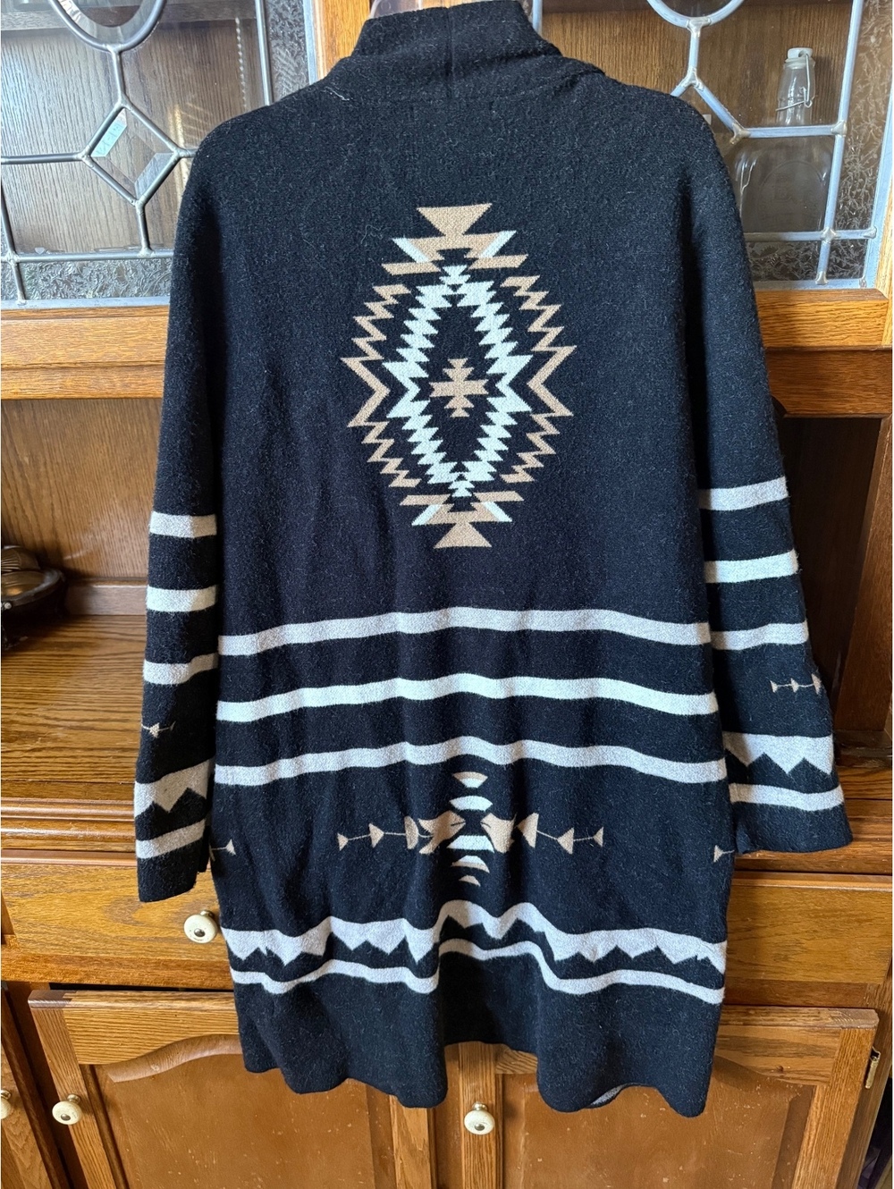 Venario Open Cardigan S Black Cream Aztec Southwestern Print Sweater Coat